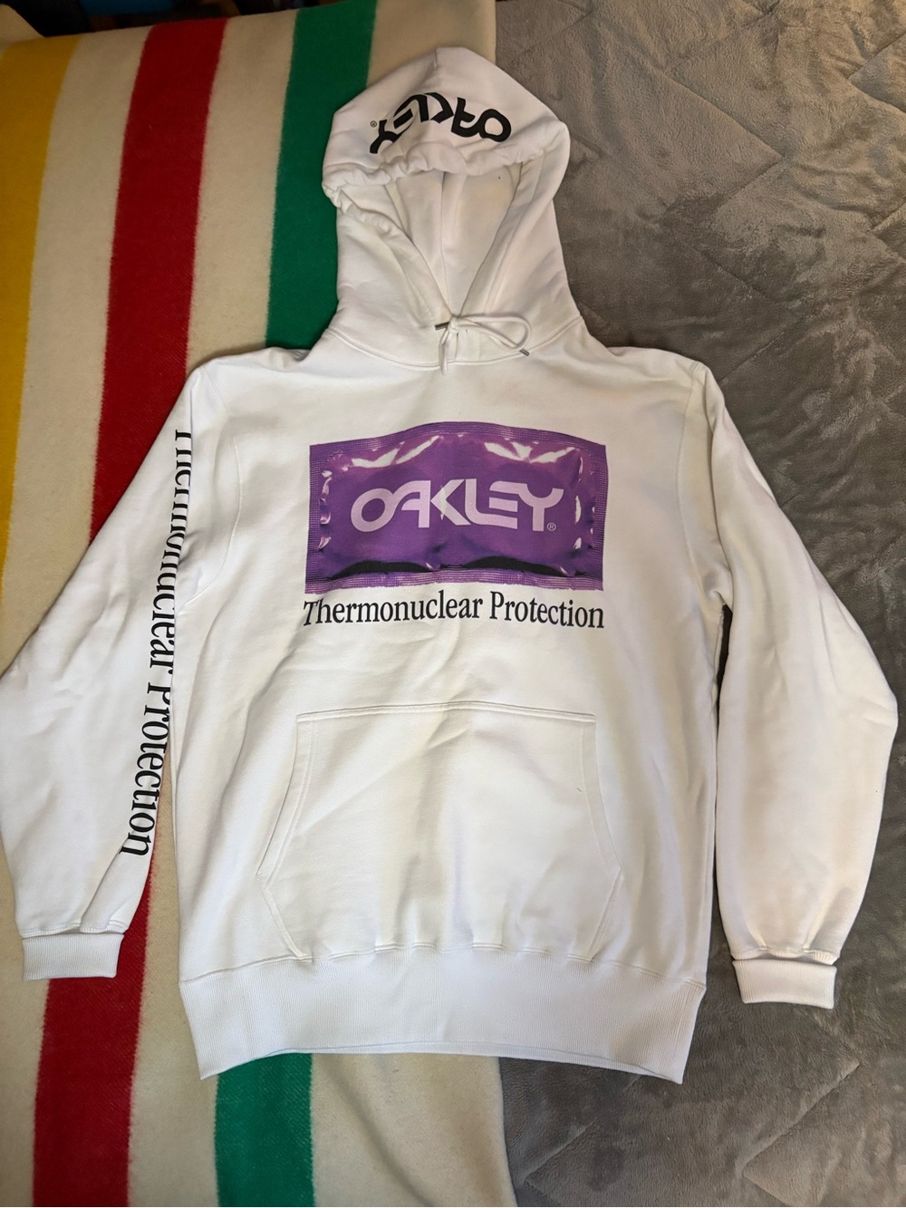 Oakley White Hoodie with Purple Logo Men’s - Thermonuclear Protection